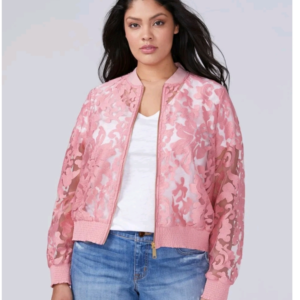 NEW LANE BRYANT PLUS SIZE PINK LACE BOMBER JACKET